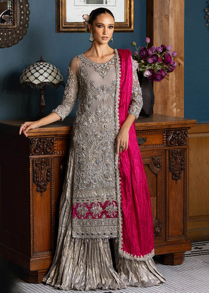 Net with chermause silk Hand Embroidered E-311