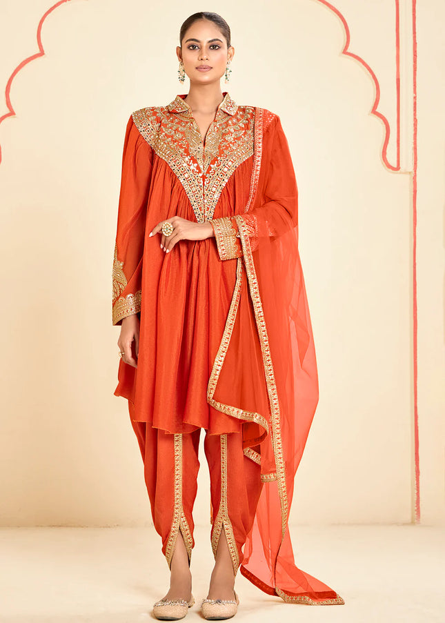 Orange Embroidered Dhoti Style Suit