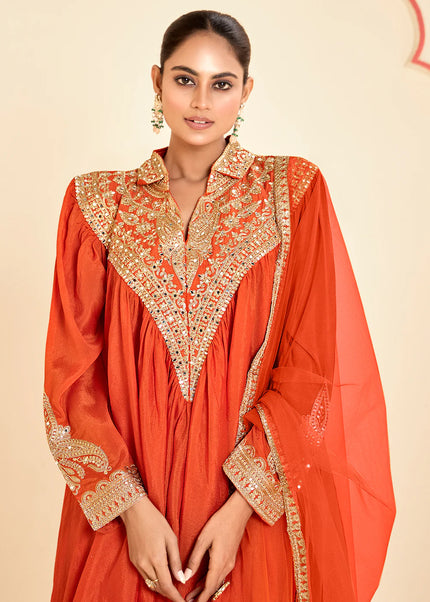 Orange Embroidered Dhoti Style Suit