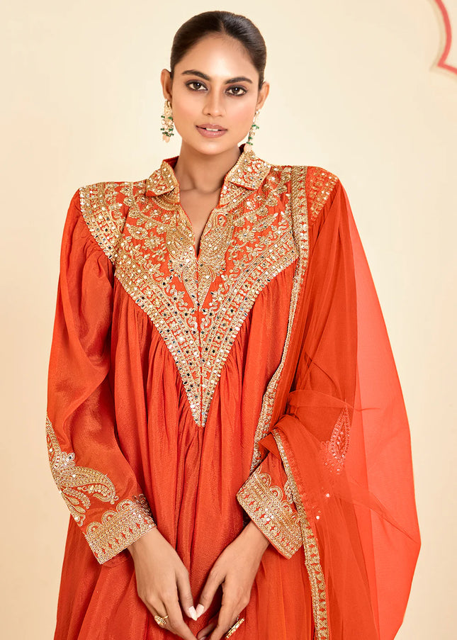 Orange Embroidered Dhoti Style Suit