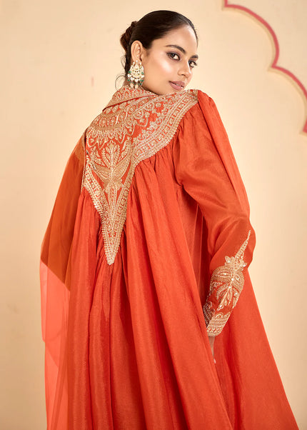 Orange Embroidered Dhoti Style Suit