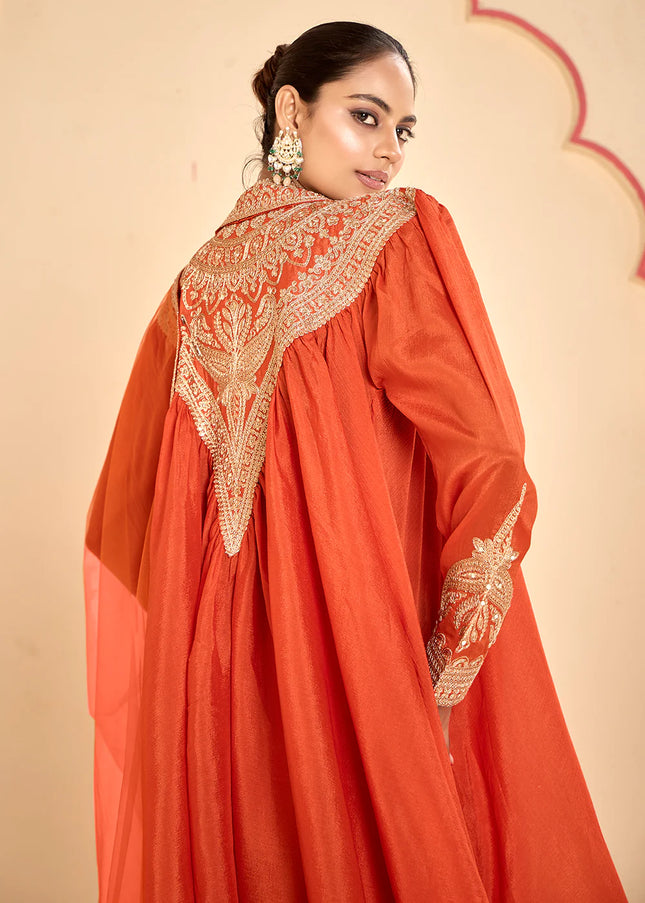 Orange Embroidered Dhoti Style Suit