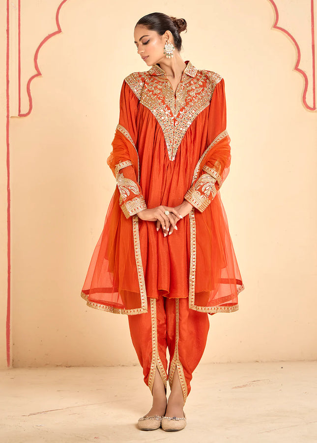 Orange Embroidered Dhoti Style Suit