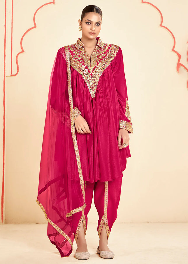 Pink Embroidered Dhoti Style Suit