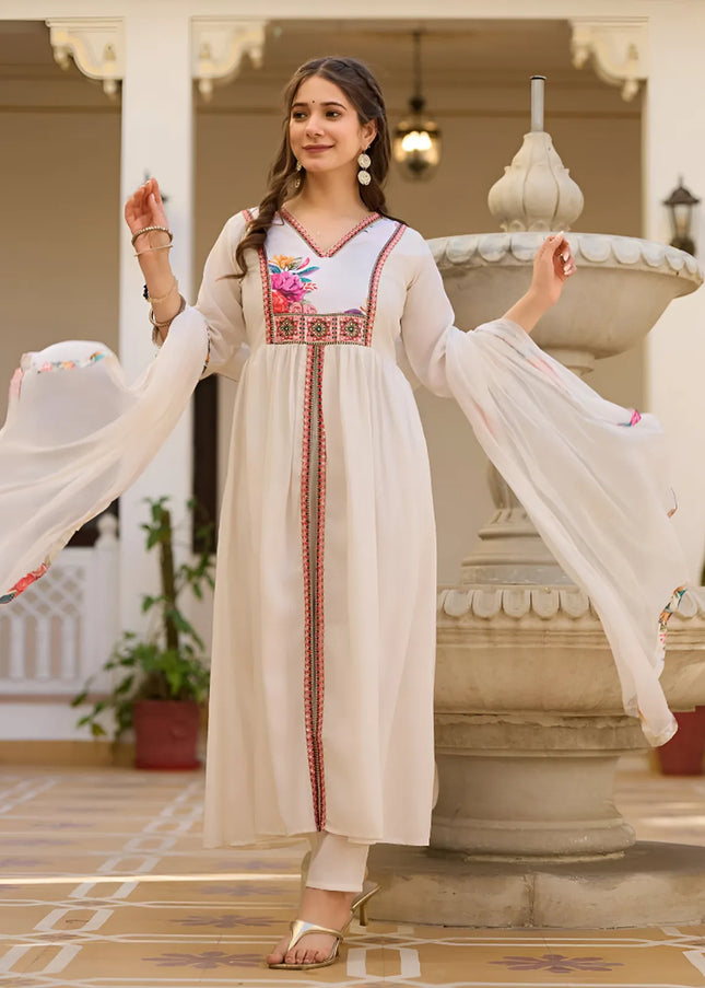 Offwhite Printed and Embroidered Pant Style Suit