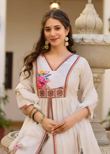 Offwhite Printed and Embroidered Pant Style Suit