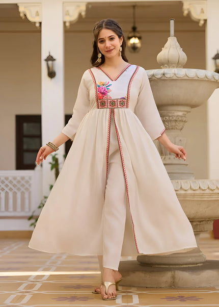 Offwhite Printed and Embroidered Pant Style Suit