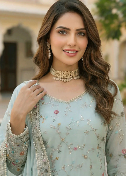 Sky Blue Embroidered Gharara Suit