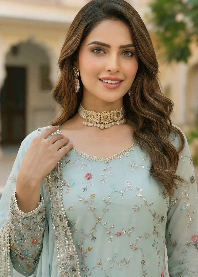 Sky Blue Embroidered Gharara Suit