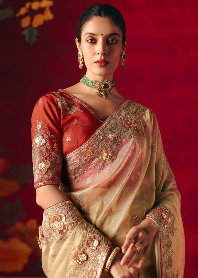 Beige and Maroon Embroidered Festive Saree