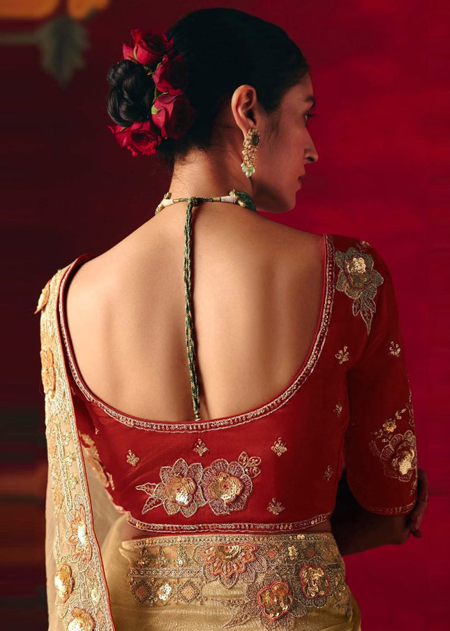 Beige and Maroon Embroidered Festive Saree