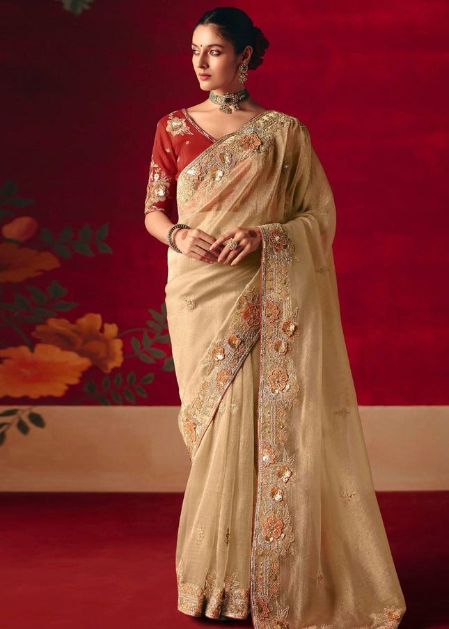Beige and Maroon Embroidered Festive Saree