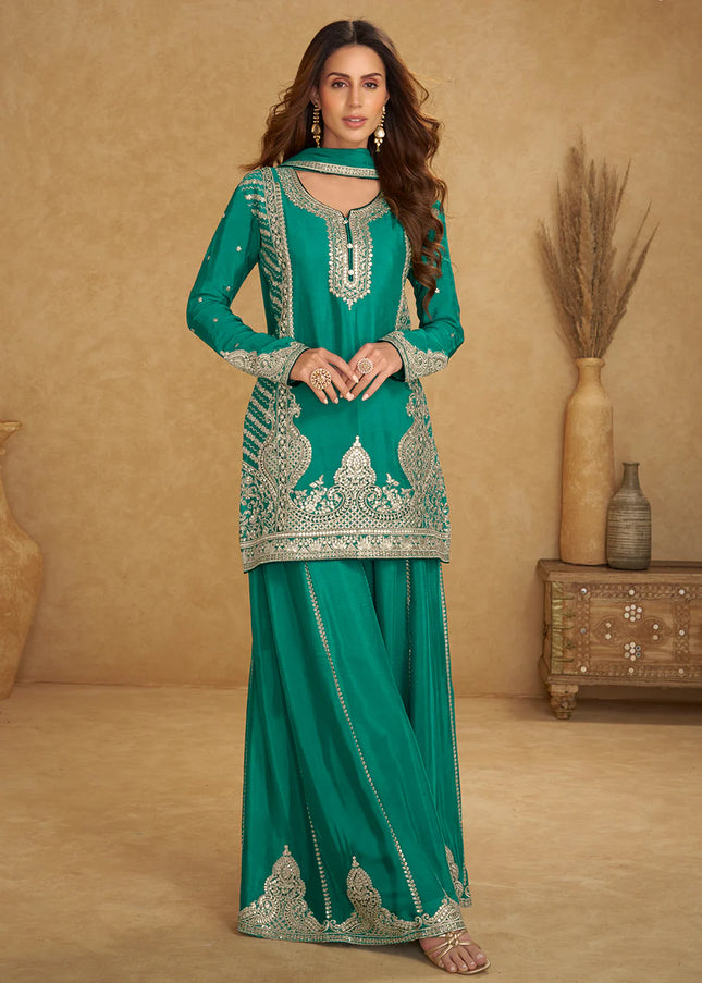 Teal Embroidered Sharara Suit