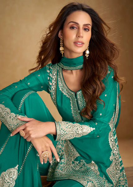 Teal Embroidered Sharara Suit