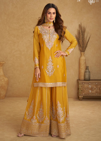 Mustard Yellow Embroidered Sharara Suit