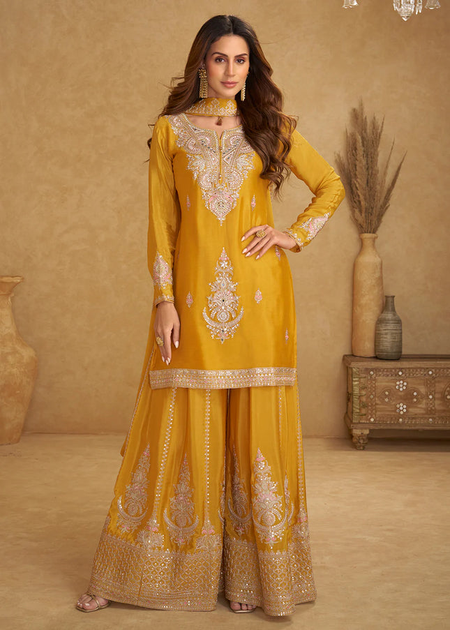 Mustard Yellow Embroidered Sharara Suit