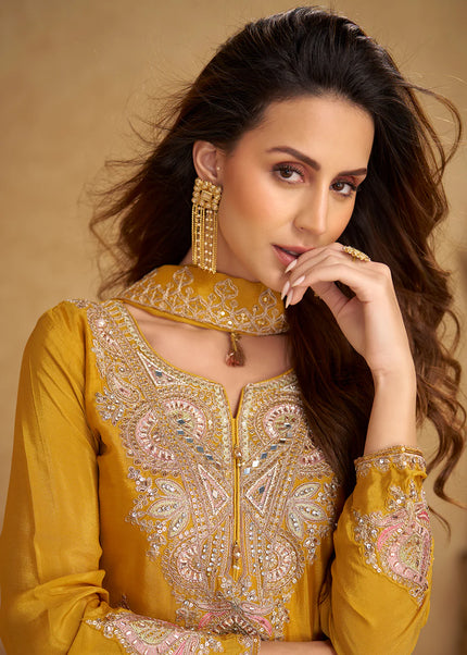 Mustard Yellow Embroidered Sharara Suit
