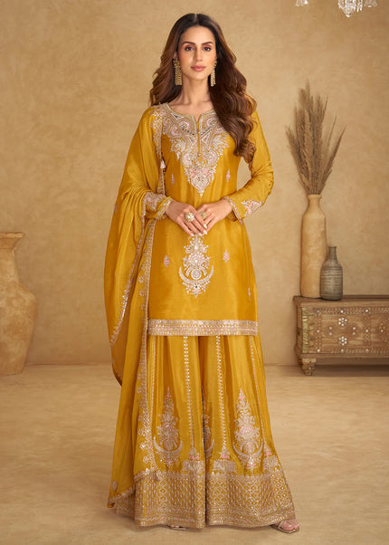 Mustard Yellow Embroidered Sharara Suit