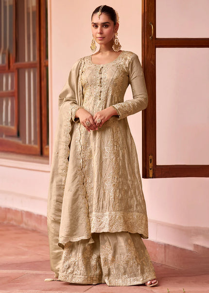 Beige Embroidered Palazzo Suit