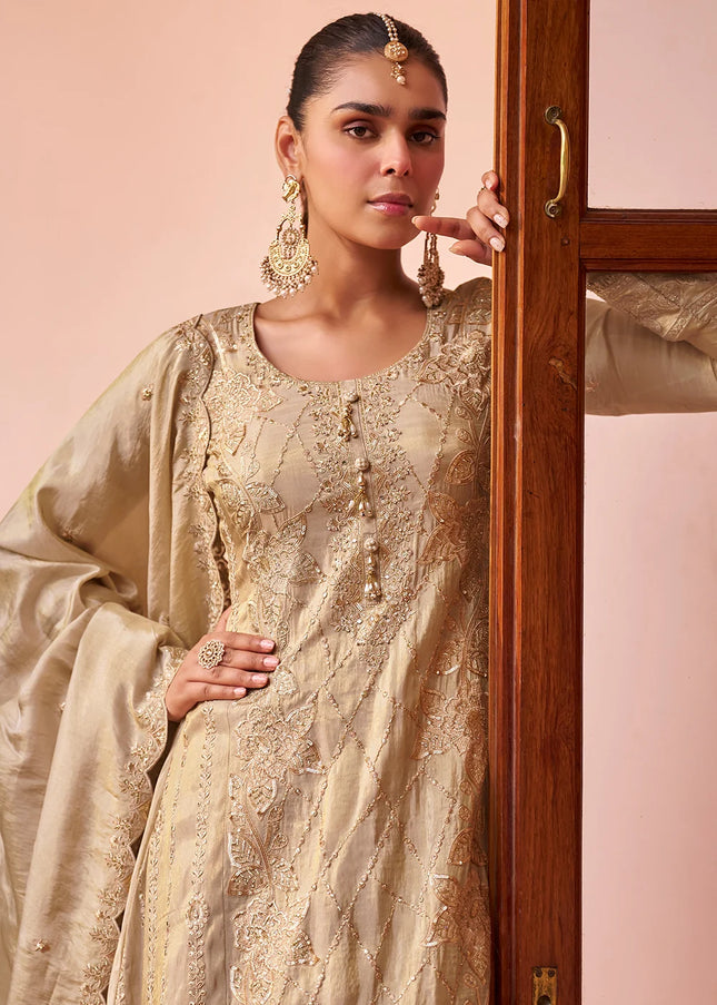 Beige Embroidered Palazzo Suit