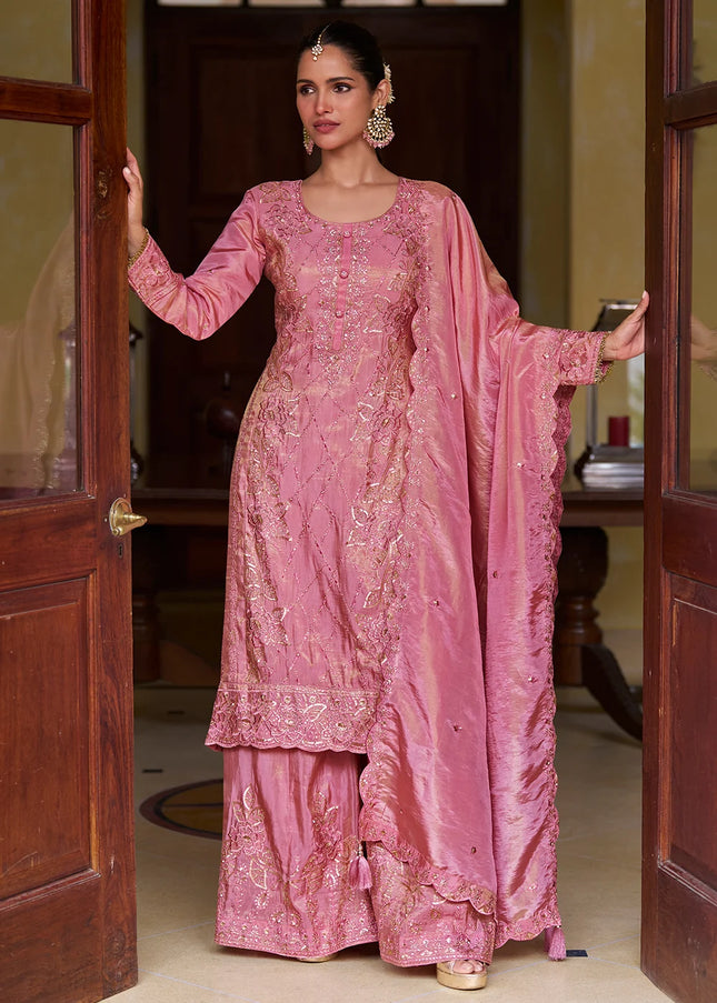 Pink Embroidered Palazzo Suit
