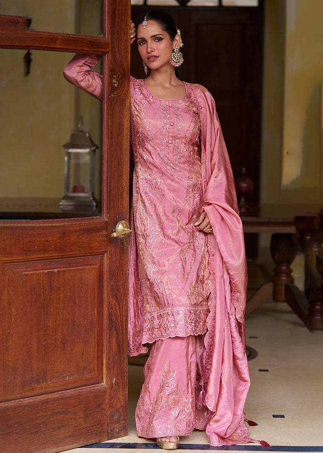 Pink Embroidered Palazzo Suit