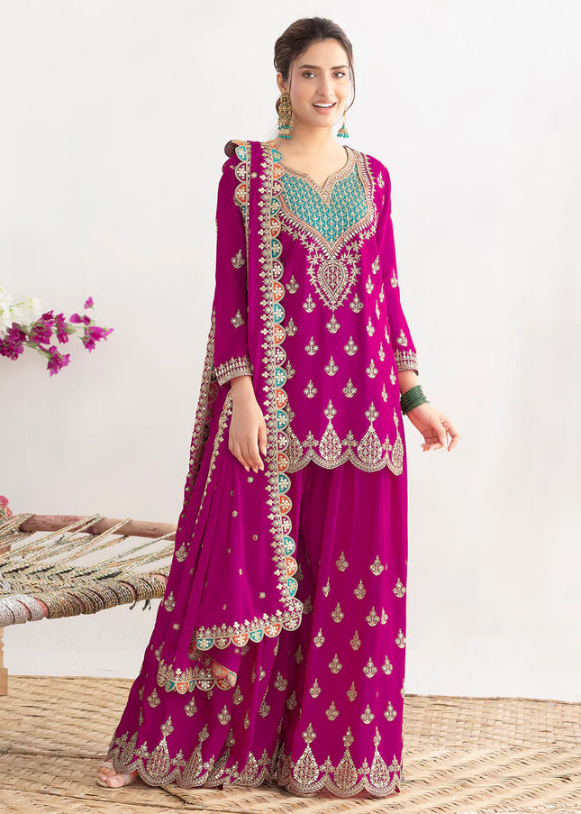 Pink Embroidered Sharara Suit