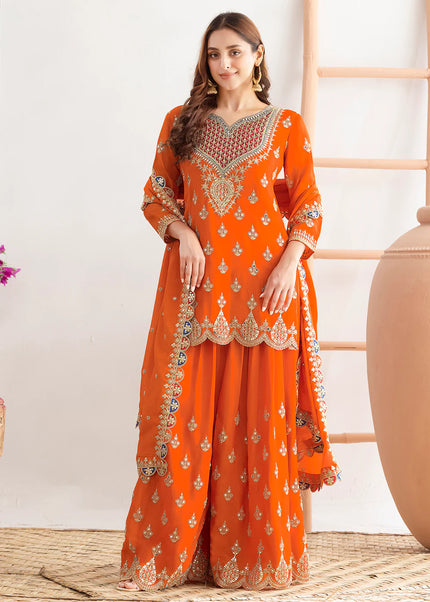 Orange Embroidered Sharara Suit