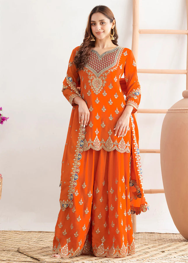 Orange Embroidered Sharara Suit