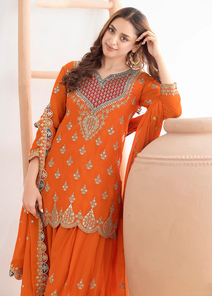 Orange Embroidered Sharara Suit