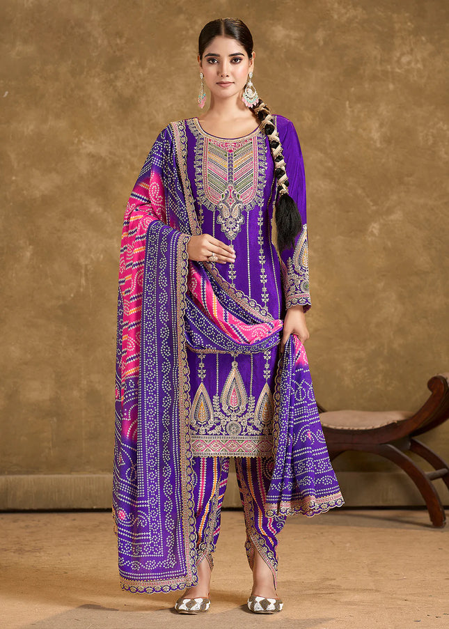 Purple Multi Embroidered Tulip Pant Style Suit