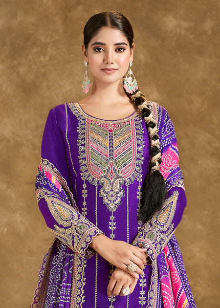 Purple Multi Embroidered Tulip Pant Style Suit