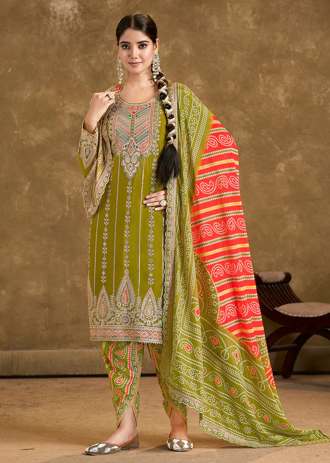 Green Multi Embroidered Tulip Pant Style Suit