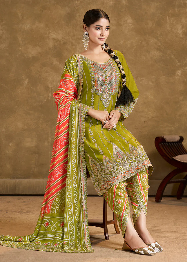 Green Multi Embroidered Tulip Pant Style Suit