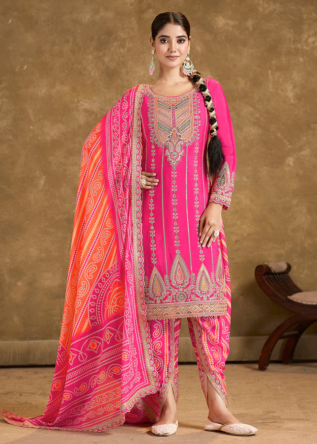 Pink Multi Embroidered Tulip Pant Style Suit