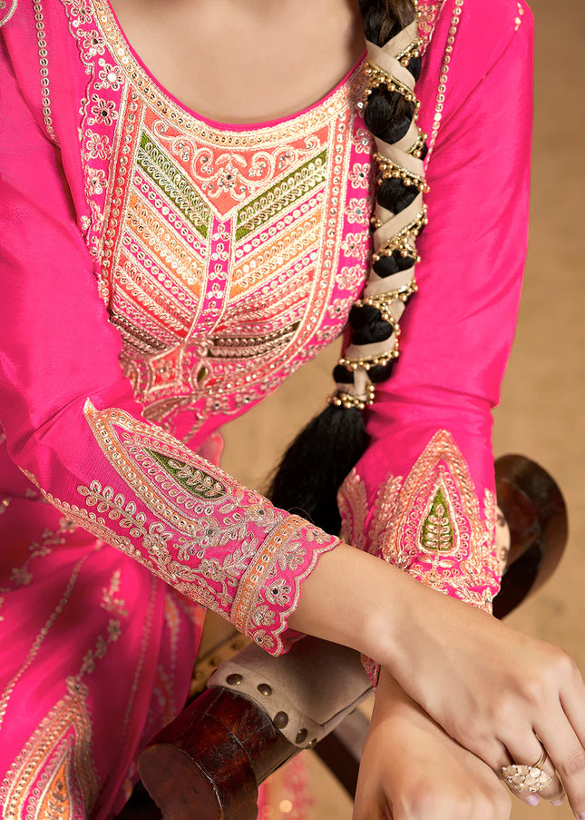 Pink Multi Embroidered Tulip Pant Style Suit