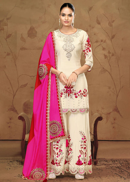 Offwhite Embroidered Palazzo Suit