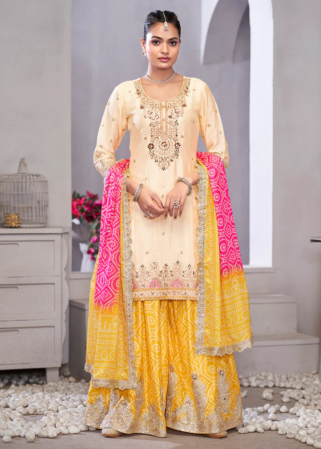 Cream and Yellow Embroidered Sharara Suit