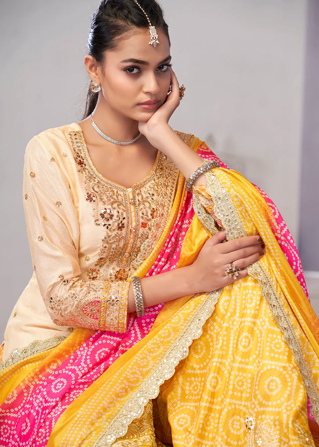 Cream and Yellow Embroidered Sharara Suit