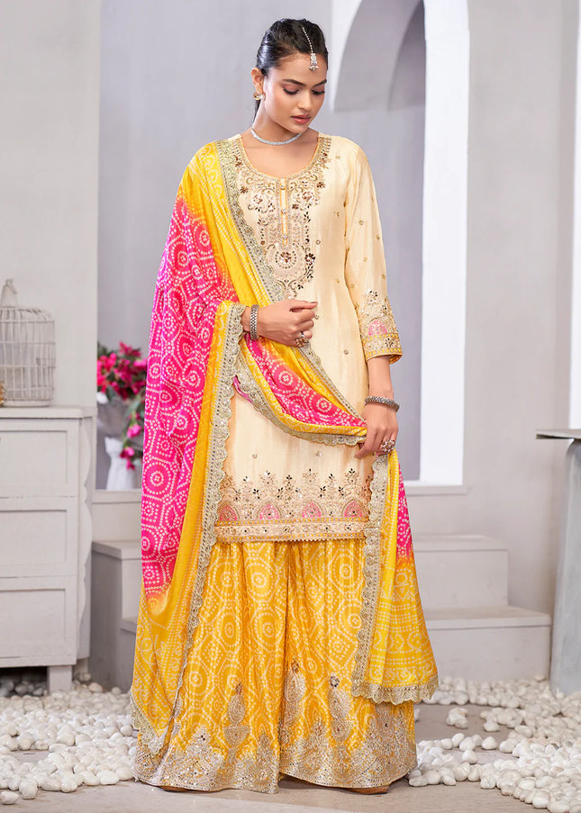 Cream and Yellow Embroidered Sharara Suit