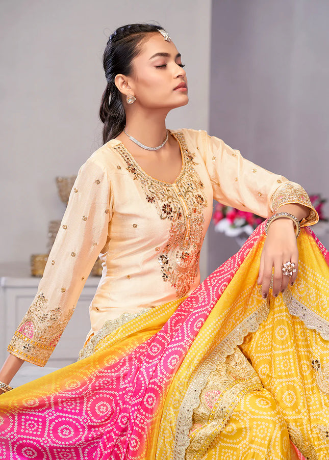 Cream and Yellow Embroidered Sharara Suit