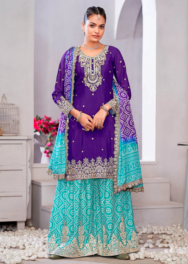 Purple and Turquoise Embroidered Sharara Suit