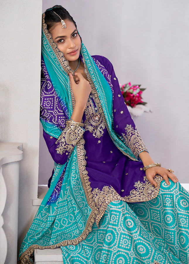 Purple and Turquoise Embroidered Sharara Suit