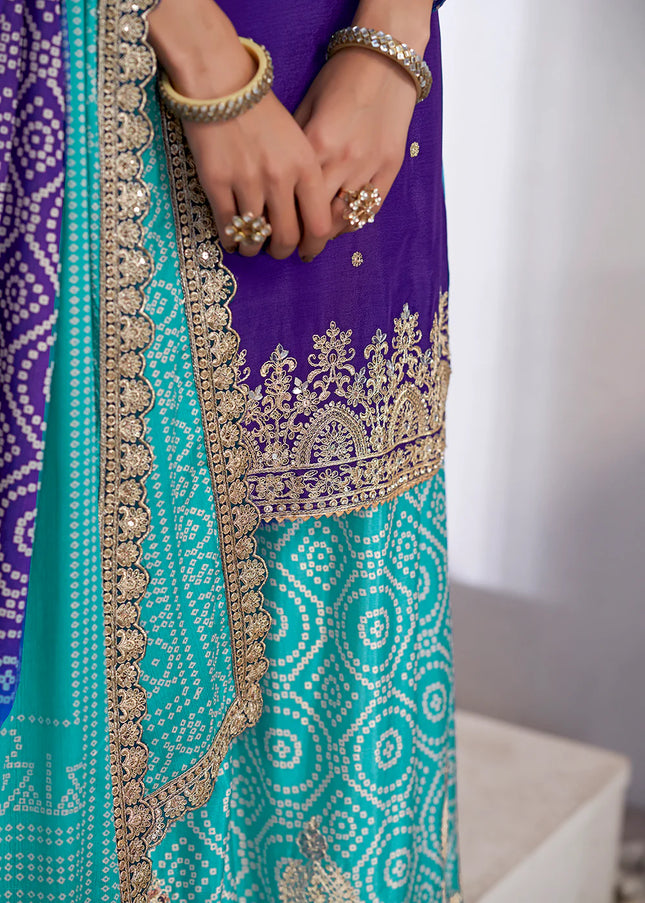 Purple and Turquoise Embroidered Sharara Suit