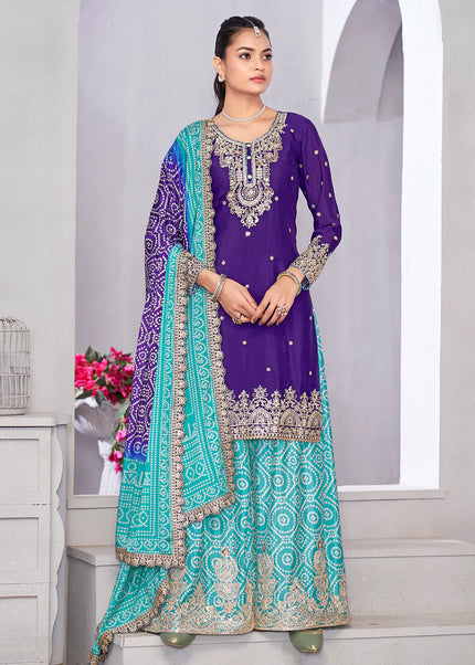 Purple and Turquoise Embroidered Sharara Suit