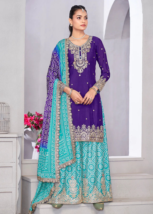 Purple and Turquoise Embroidered Sharara Suit