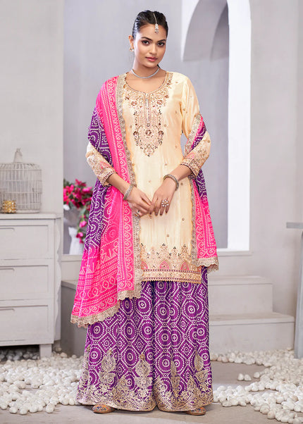 Cream and Purple Embroidered Sharara Suit