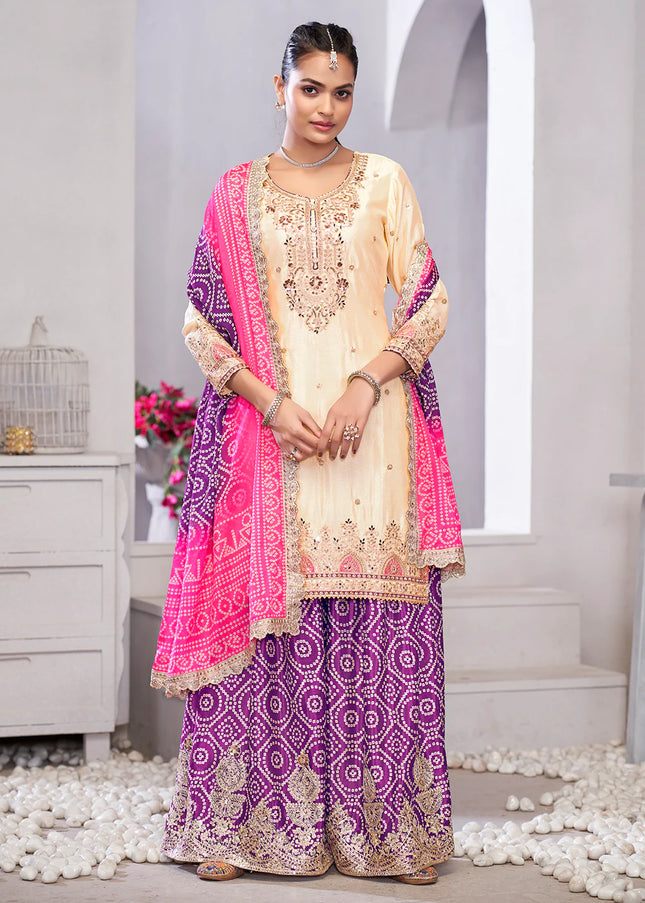 Cream and Purple Embroidered Sharara Suit