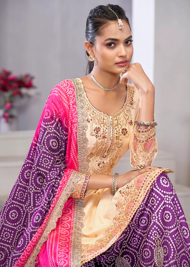 Cream and Purple Embroidered Sharara Suit