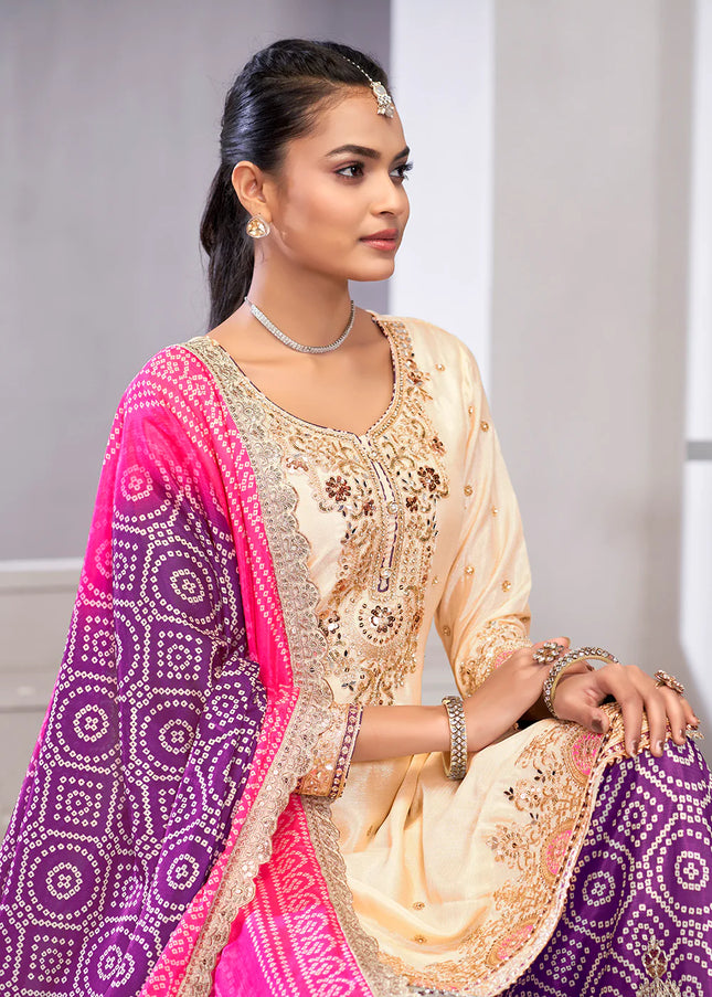 Cream and Purple Embroidered Sharara Suit